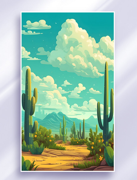 沙漠植物仙人掌蓝天白云场景插画