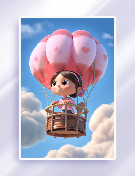 小女孩坐在热气球上梦幻插画