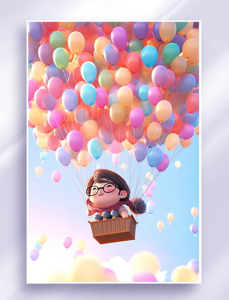 一个卡通可爱小女孩坐在气球上空中彩色插画