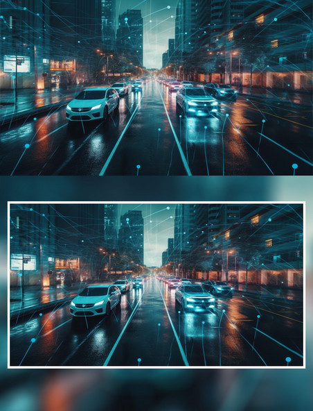 智能驾驶科技夜晚汽车行驶街道
