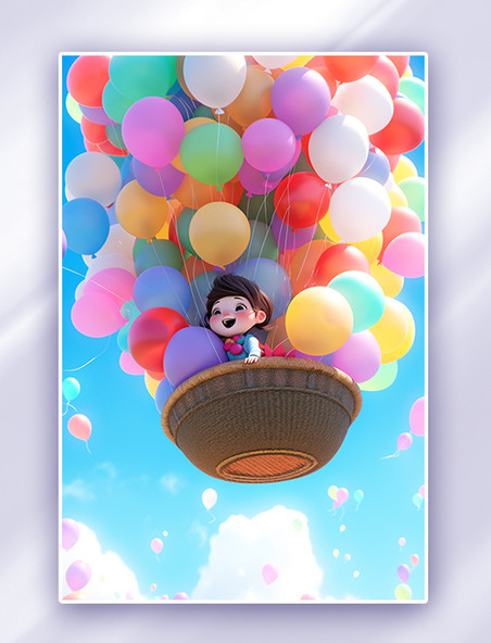 童真儿童节一个卡通可爱小女孩坐在气球上空中