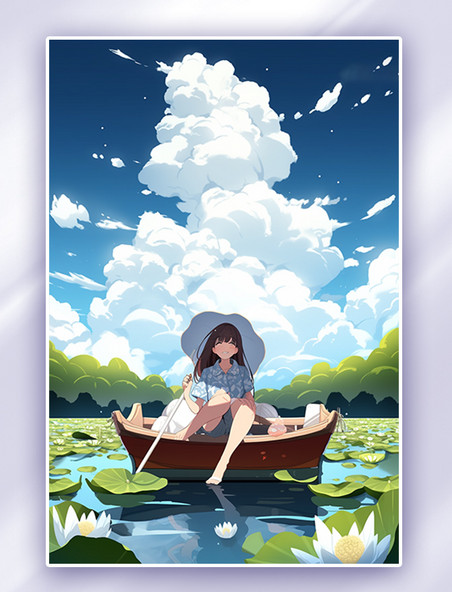 夏天少女在荷花池里划船唯美风景
