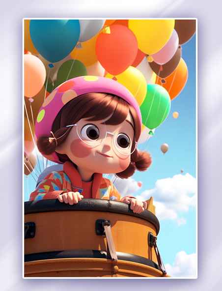 卡通可爱小女孩坐在气球上空中