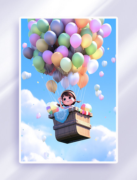可爱小女孩坐在气球上空中插画