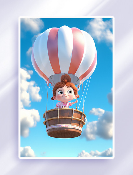 小女孩坐在热气球上梦幻插画