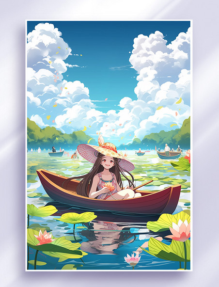 夏季少女在荷花池里划船夏天唯美风景插画
