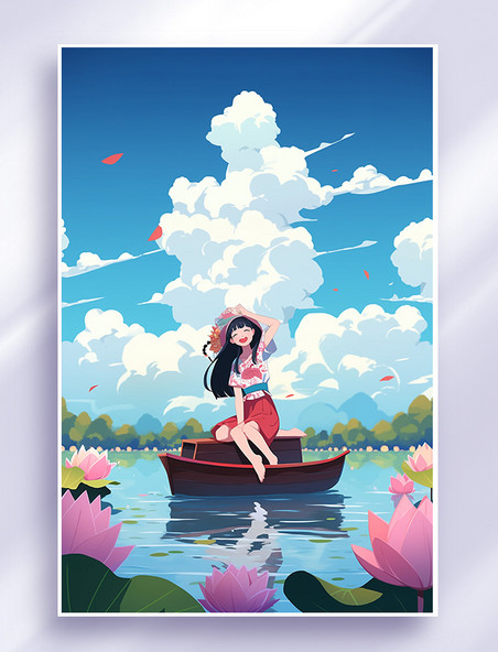 少女在荷花池里划船夏天唯美风景插画