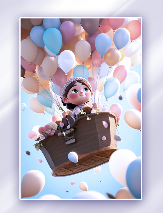 彩色一个卡通可爱小女孩坐在气球上空中