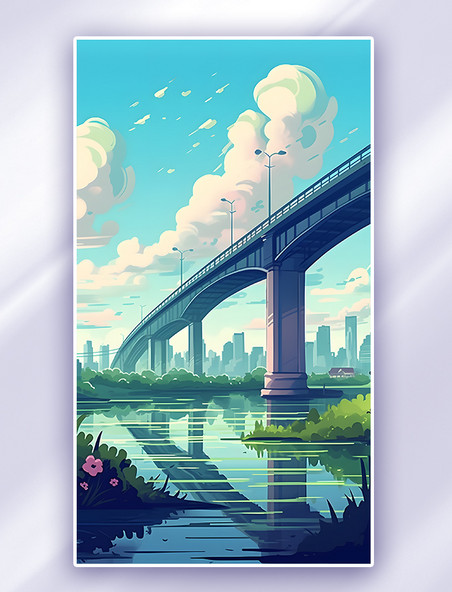 城市风光植物河流大桥蓝天白云插画