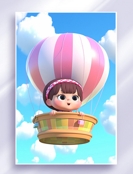 夏天小女孩坐在热气球上梦幻场景插画