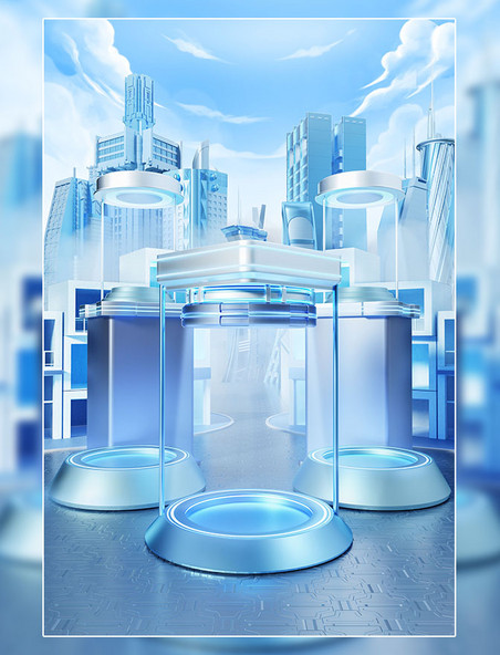 电商3D立体蓝色城市商务科技风建筑场景