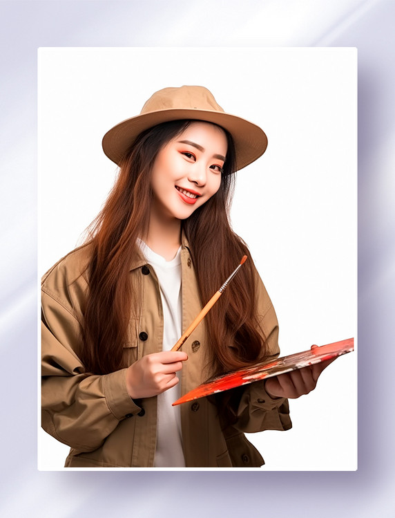拿着画盘和画笔的美女艺术家画家设计师戴着帽子半身职业照摄影图