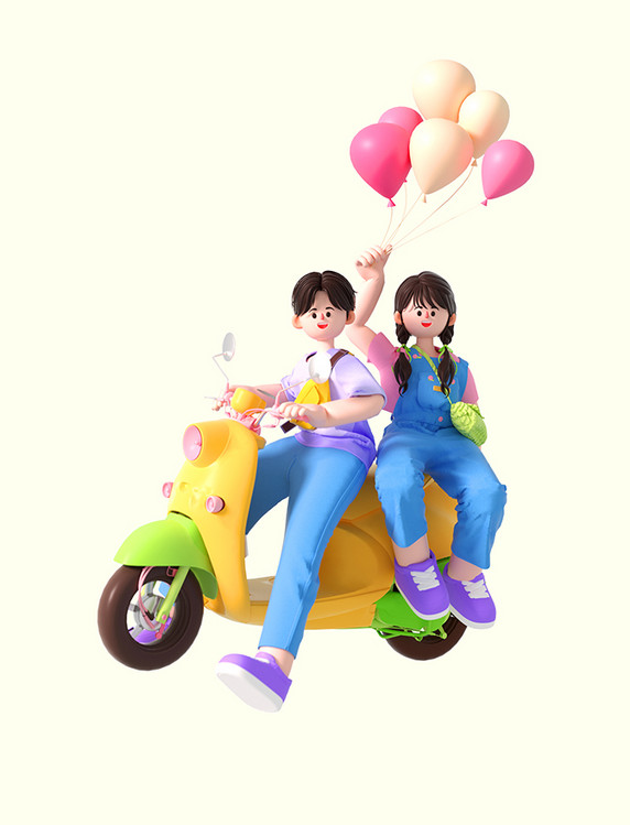 3d立体C4D情人节520旅游旅行人物骑摩托车拿气球