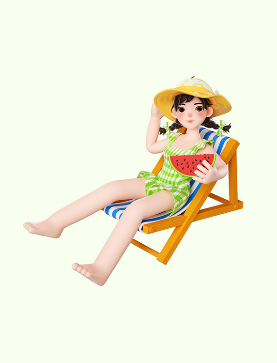 3d立体夏季夏天海边度假人物躺椅晒太阳女生