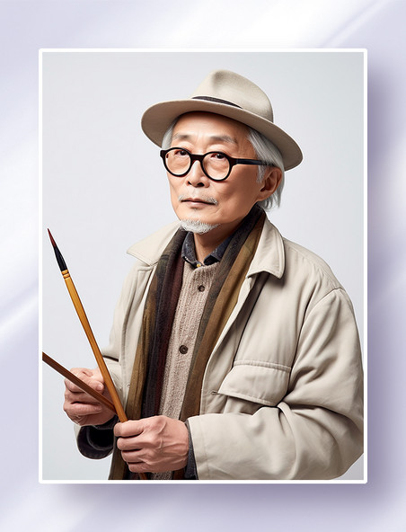 白头发戴着眼镜和帽子拿着毛笔的大龄男性设计师书法家画家摄影图