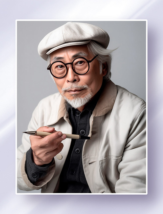 手拿笔的白发男性艺术家设计师画家戴着帽子和眼镜职业照摄影图
