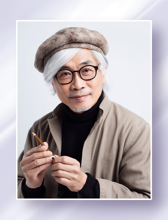 成熟的男性设计师画家书法家戴着帽子和眼镜半身职业照
