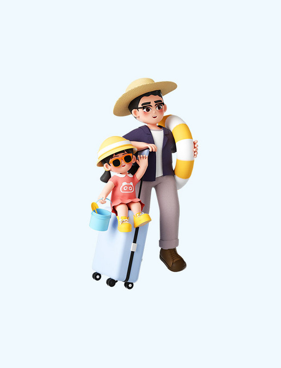 父亲节3D立体爸爸带女儿去海边旅游