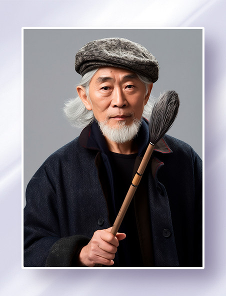 手拿毛笔戴着帽子的中国大龄男性设计师书法家画家半身职业照摄影