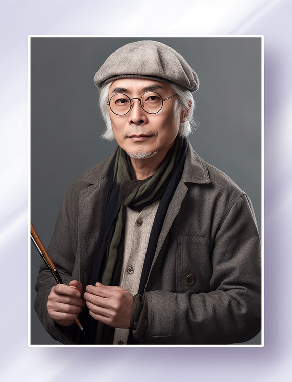 年长的男性亚洲设计师艺术家画家书法家戴着帽子和眼镜职业照