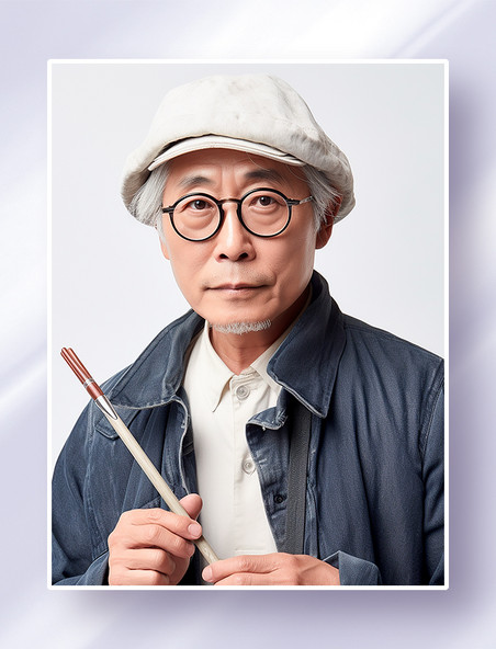 戴着眼镜和白色帽子的老年男性设计师书法家画家半身职业照