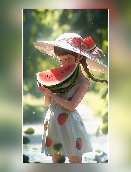 夏日夏季一个阳光可爱的女孩夏天凉爽吃西瓜插画