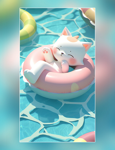 夏天夏日夏季一个超级可爱的猫猫躺在游泳池