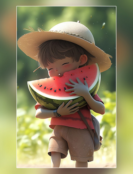 一个阳光帅气的男孩夏天夏日夏季凉爽吃西瓜插画