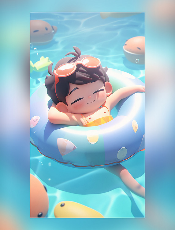 夏天夏季一个超级可爱的男孩躺在游泳池