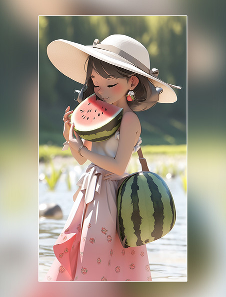 风格夏日夏季女孩夏天凉爽清爽手里拿着一个西瓜