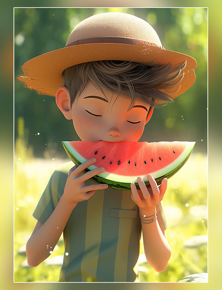 夏日夏季一个阳光帅气的男孩夏天凉爽吃西瓜插画