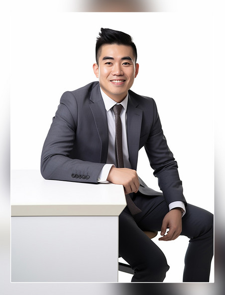 一张商务白领的照片亚洲面孔男性全身照穿着西装坐在电脑面前