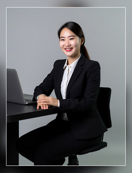 商务白领的照片亚洲面孔女性全身照穿着西装坐在电脑面前人像摄影