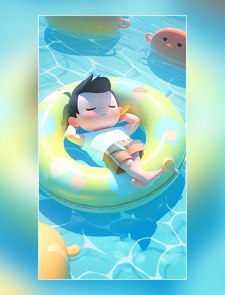 一个男孩躺在游泳池的游泳圈上泳池清凉夏天