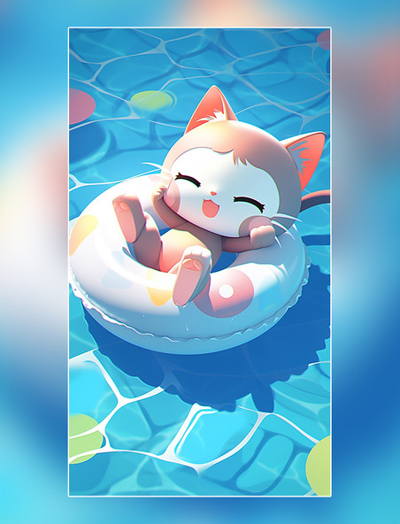 猫猫躺在游泳池的游泳圈上高细节泳池清凉夏天