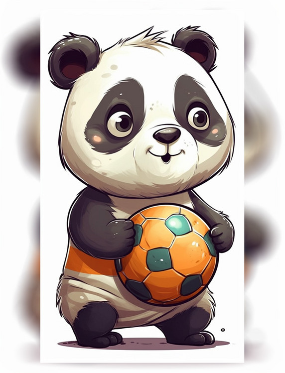 可爱的幼年小熊猫拿着足球卡通拟人动物白色背景 