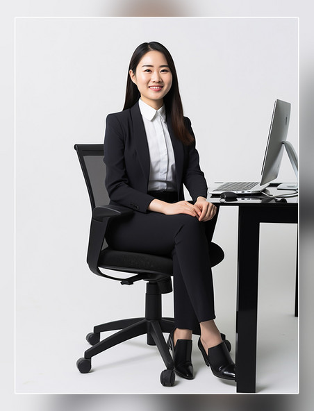 一张商务白领的照片人像摄影风格亚洲面孔女性全身照穿着西装坐在电脑面前