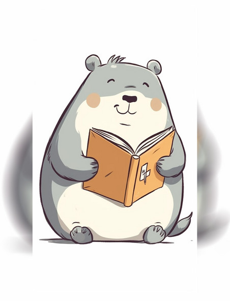 微笑的胖豚鼠看书卡通拟人动物白色背景