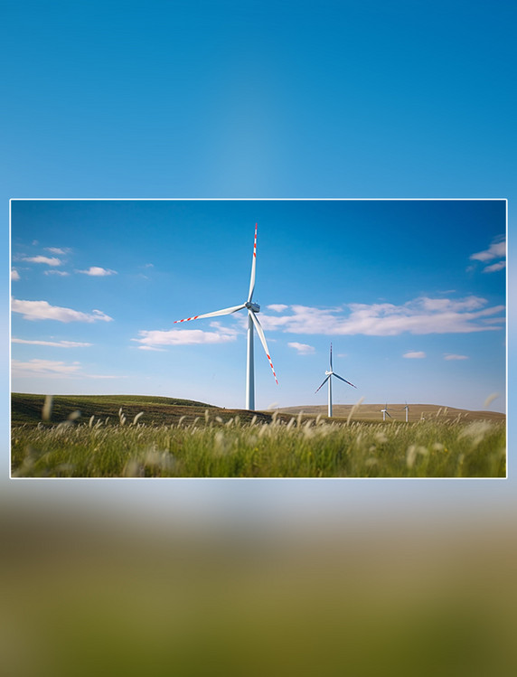 蓝天白云风力发电新能源白天风车草原发电摄影图风能
