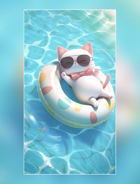 超质量一个猫猫躺在游泳池的游泳圈上高细节泳池清凉夏天