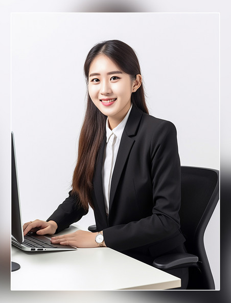 人像摄影风格一张商务白领的照片亚洲面孔女性全身照穿着西装坐在电脑面前