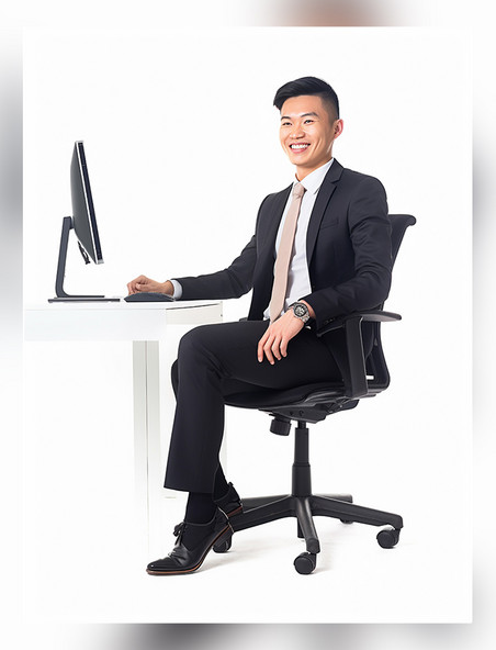亚洲面孔男性商务白领的照片全身照穿着西装坐在电脑面前人像摄影风格