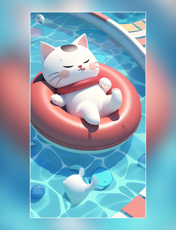 一个猫猫躺在游泳池的游泳圈上泳池清凉夏天