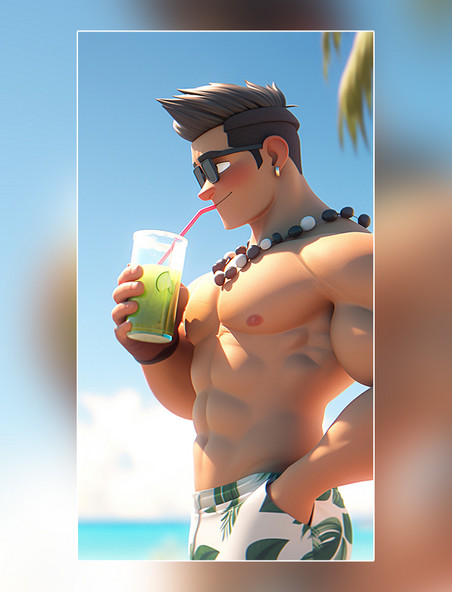 夏日男孩戴着帽子喝着饮料夏天腹肌卡通度假