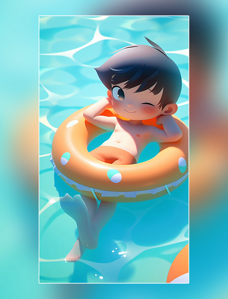 可爱的男孩躺在游泳池的游泳圈上泳池清凉夏天
