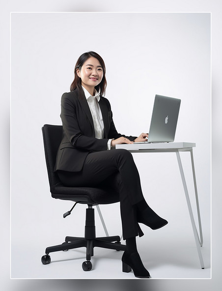 一张商务白领的照片亚洲面孔女性全身照穿着西装坐在电脑面前人像摄影风格