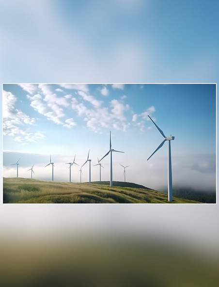 视野广阔风力发电新能源白天蓝天白云风车草原发电摄影图风能