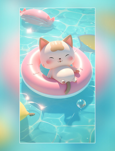 猫猫躺在游泳池的游泳圈上泳池清凉夏天