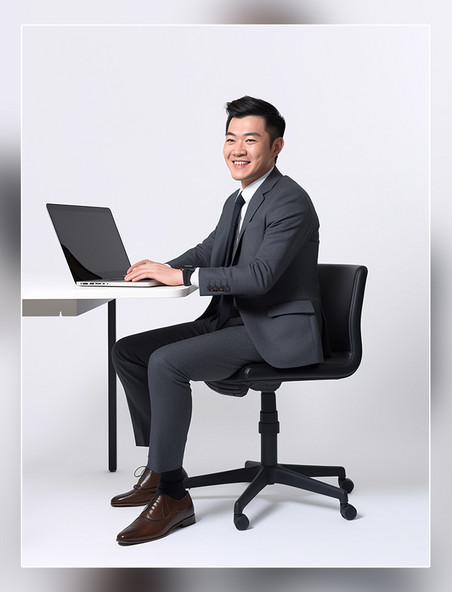 商务白领的照片亚洲面孔男性全身照穿着西装坐在电脑面前人像摄影风格