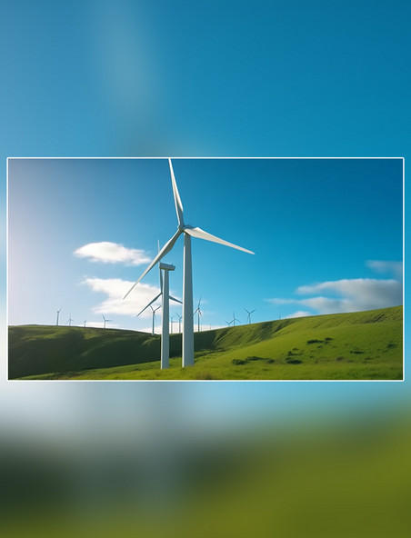 视野广阔白天蓝天白云风力发电新能源风车草原发电摄影图明亮的颜色风能